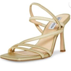 Steve Madden Newsflash Gold Leather Thin Strap Stiletto Open Toe Dress Sandals S